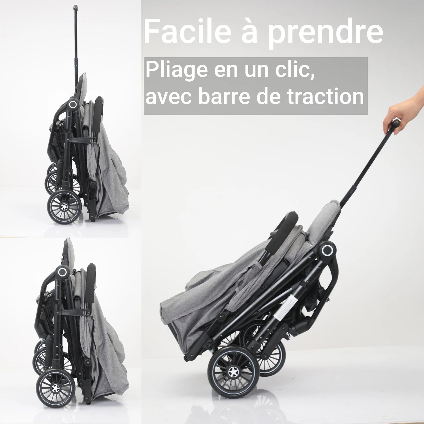 Poussette bébé 0 à 60 mois, veille pliable avec dossier réglable, roues pivotantes avec amortisseurs.