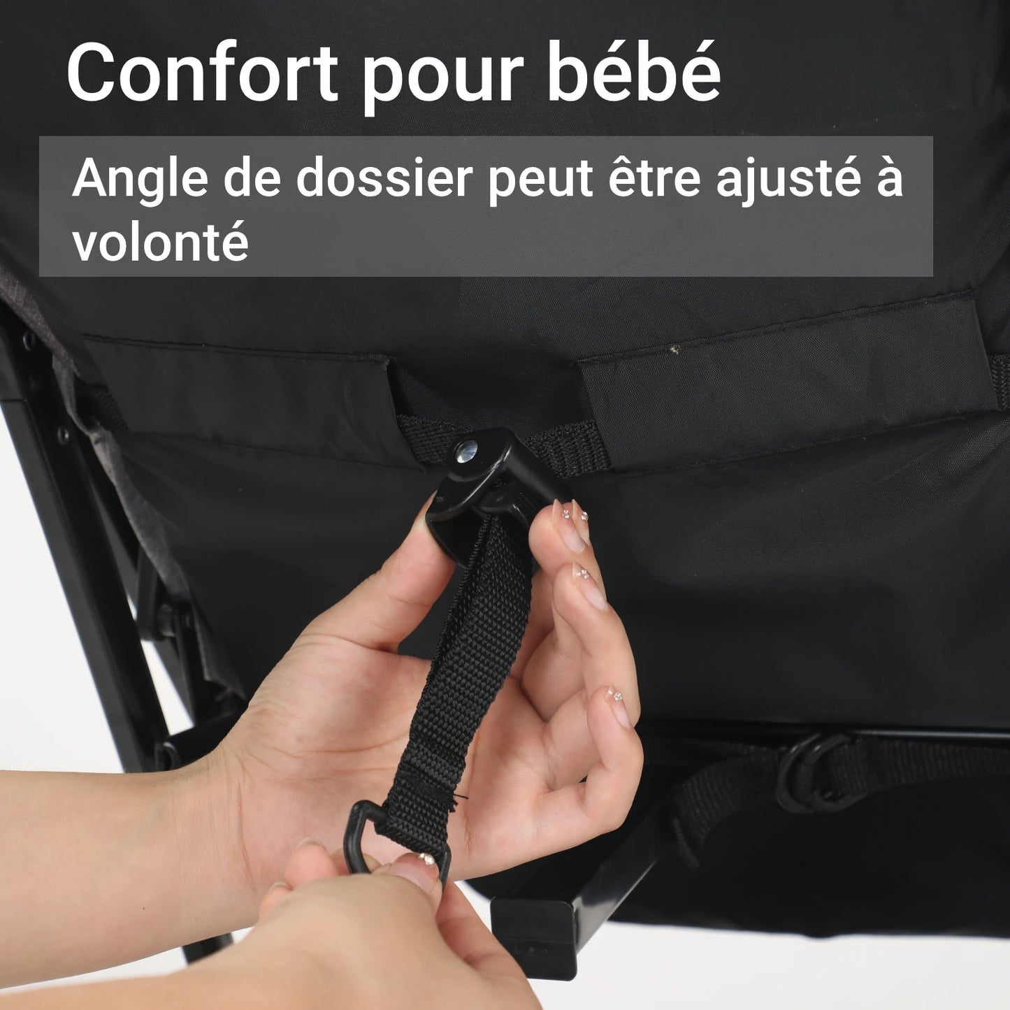 Poussette bébé 0 à 60 mois, veille pliable avec dossier réglable, roues pivotantes avec amortisseurs.