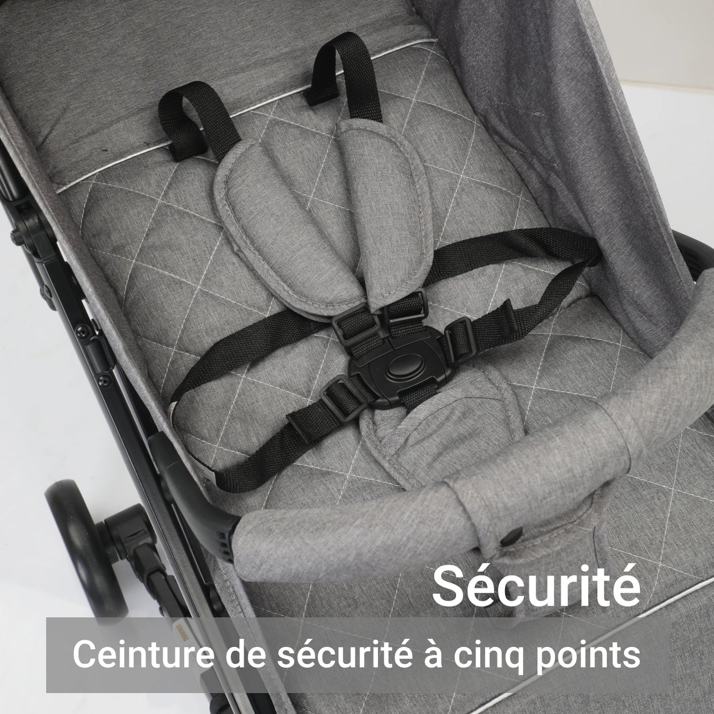 Poussette bébé 0 à 60 mois, veille pliable avec dossier réglable, roues pivotantes avec amortisseurs.