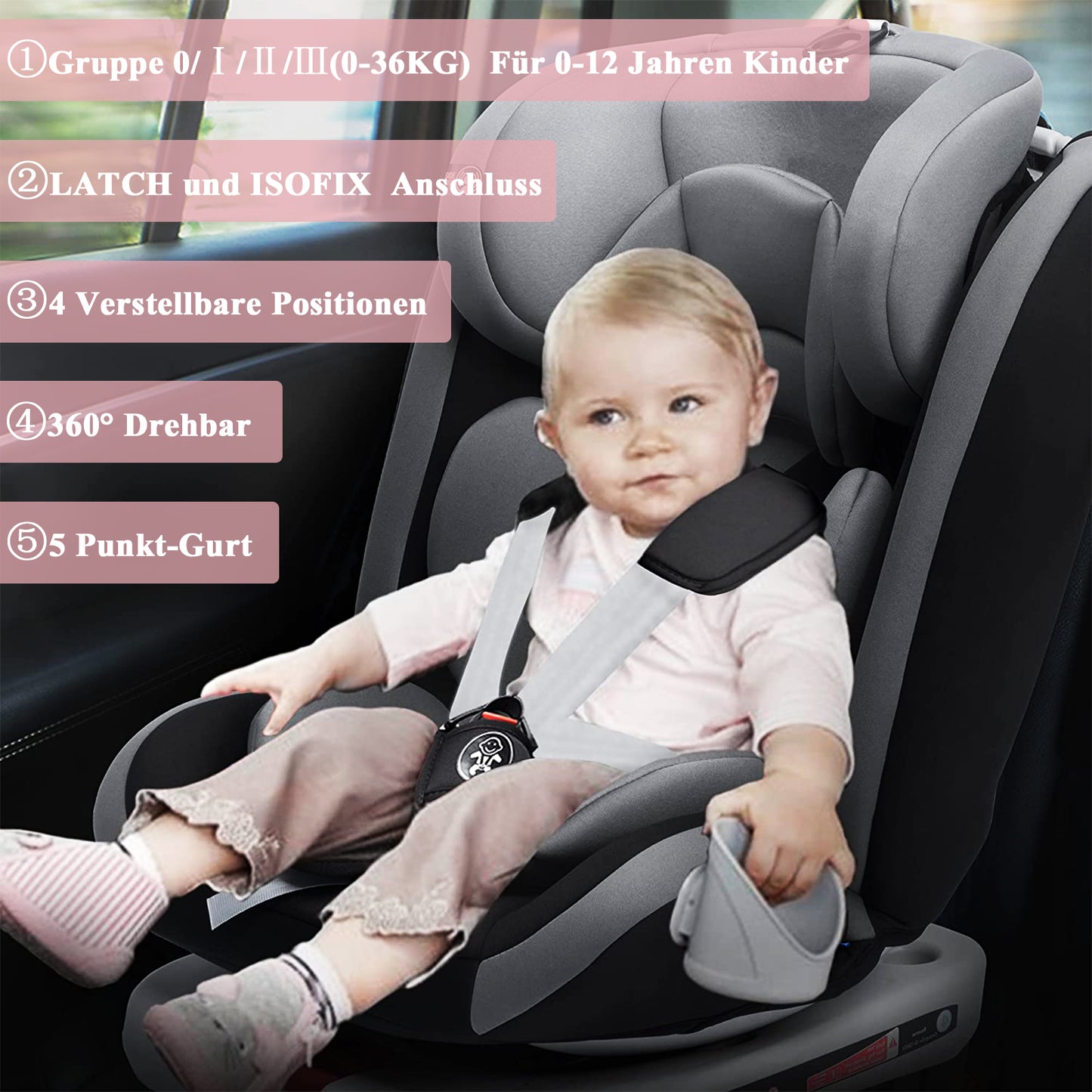 Assento infantil de 0 a 12 anos, para carro 360 ° giratório com base ISOFIX, posição de descanso Arnês de 5 pontos 9-36KG,, AP02 KL005